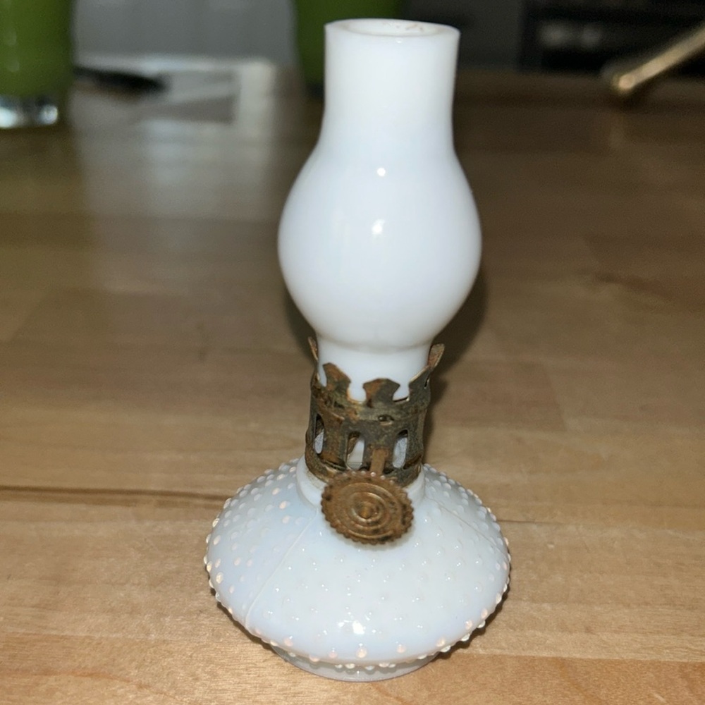 Miniature hobnail milk glass oil lamp lantern